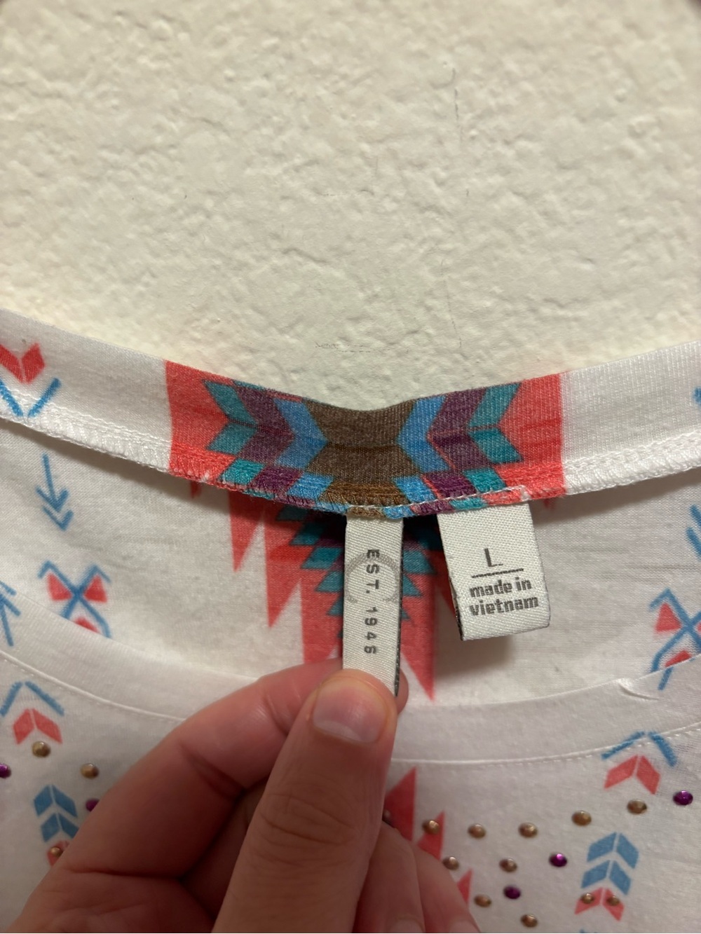 EST 1946 Sleeveless Aztec Print Tank Top - White with Teal & Coral Embellished - Picture 3 of 4